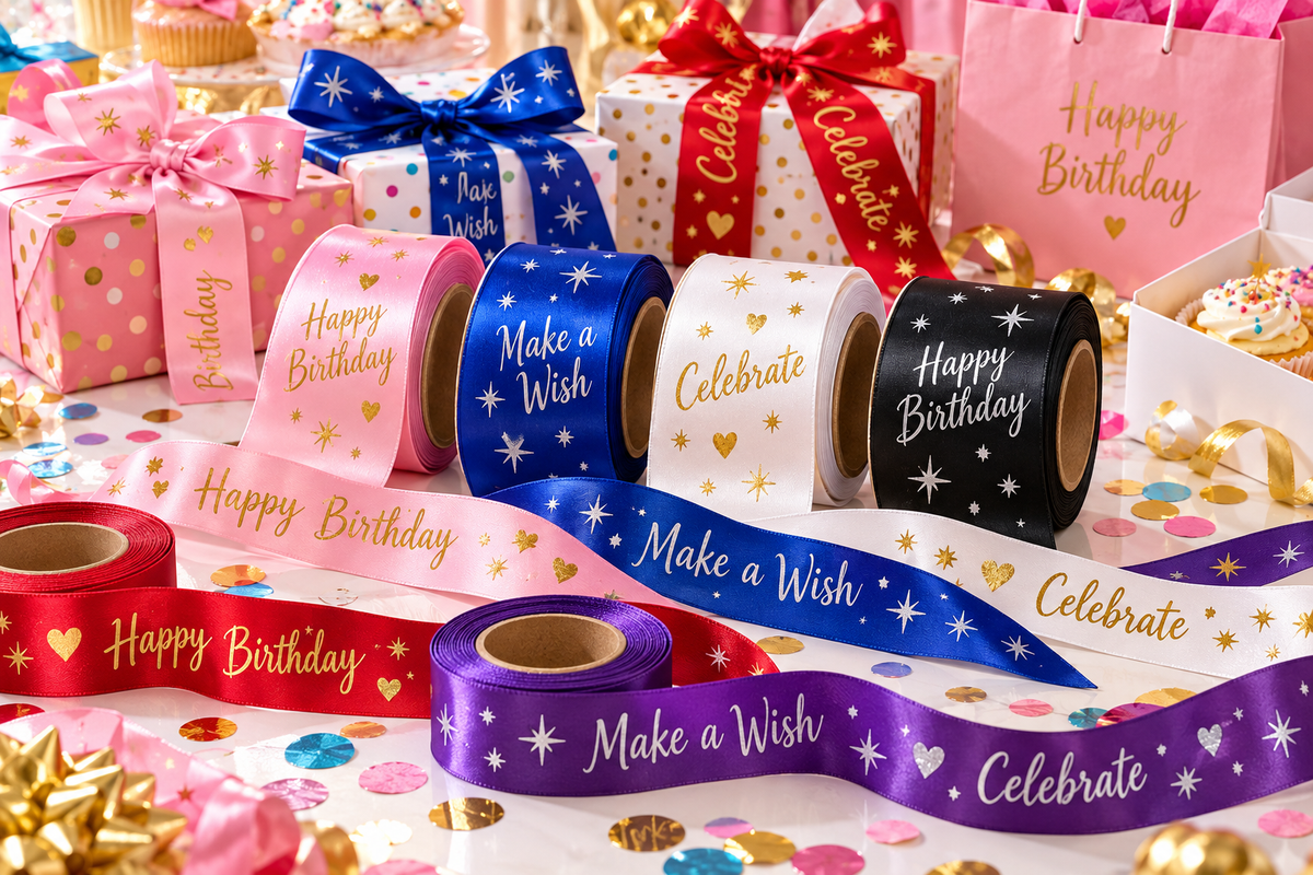 Birthday custom satin ribbon ideas with cheerful ribbon colors and metallic gold and silver printing.