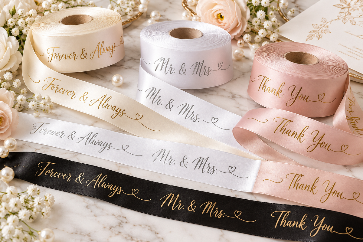 Elegant wedding custom satin ribbons with metallic gold and silver script printing on ivory, white, blush and black ribbon.