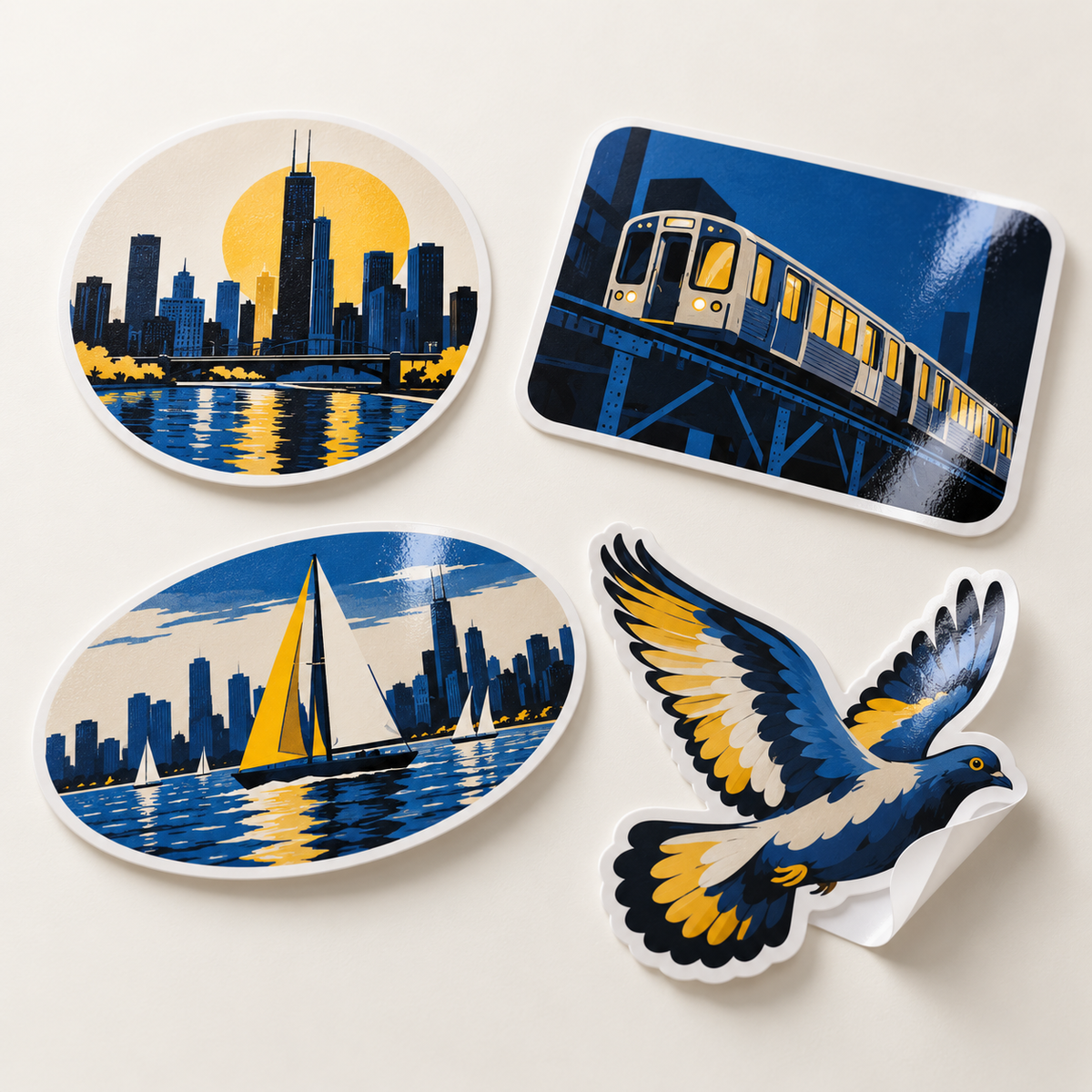 Illustrative examples of custom cut vinyl stickers in different shapes and finishes