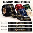 Custom logo satin ribbon in black, red, forest green, navy and ivory with metallic gold and silver printing; illustrated 5/8, 3/4 and 7/8 inch widths.