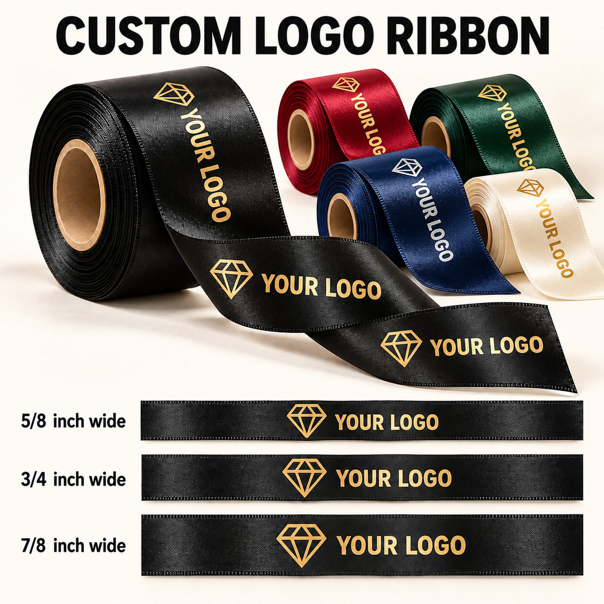Custom logo satin ribbon in black, red, forest green, navy and ivory with metallic gold and silver printing; illustrated 5/8, 3/4 and 7/8 inch widths.