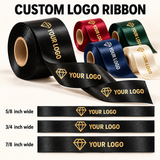 Custom logo satin ribbon in black, red, forest green, navy and ivory with metallic gold and silver printing; illustrated 5/8, 3/4 and 7/8 inch widths.