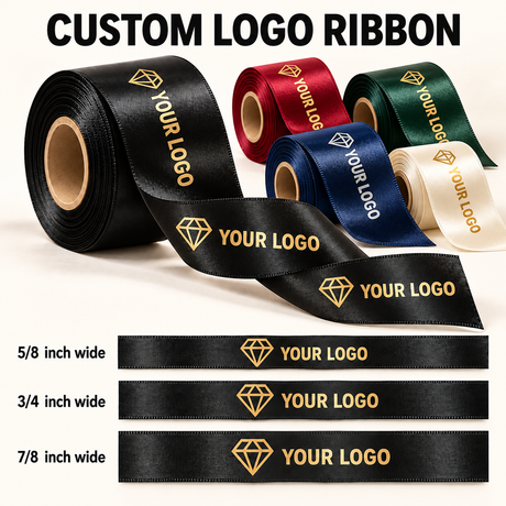 Custom logo satin ribbon in black, red, forest green, navy and ivory with metallic gold and silver printing; illustrated 5/8, 3/4 and 7/8 inch widths.