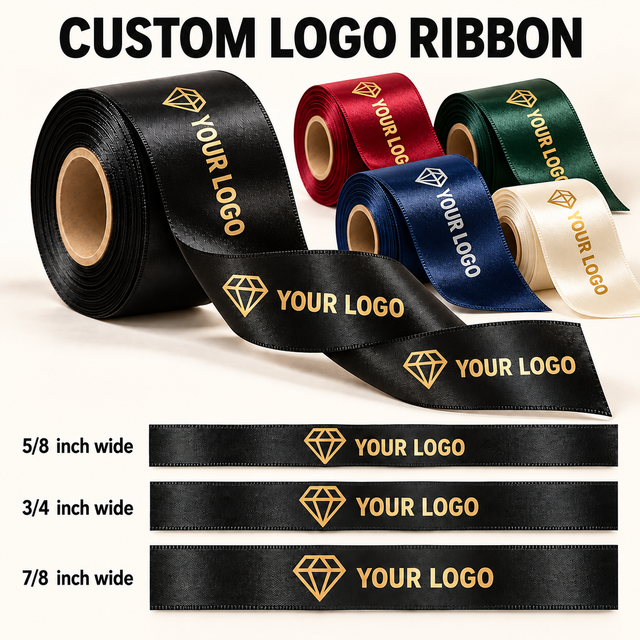 Custom logo satin ribbon in black, red, forest green, navy and ivory with metallic gold and silver printing; illustrated 5/8, 3/4 and 7/8 inch widths.