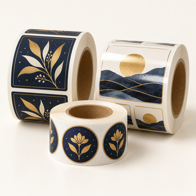 Illustrative examples of printed roll labels in different shapes