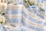 Baptism and First Communion custom satin ribbons in white, ivory and pale blue with metallic gold and silver printing.