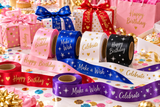 Birthday custom satin ribbon ideas with cheerful ribbon colors and metallic gold and silver printing.