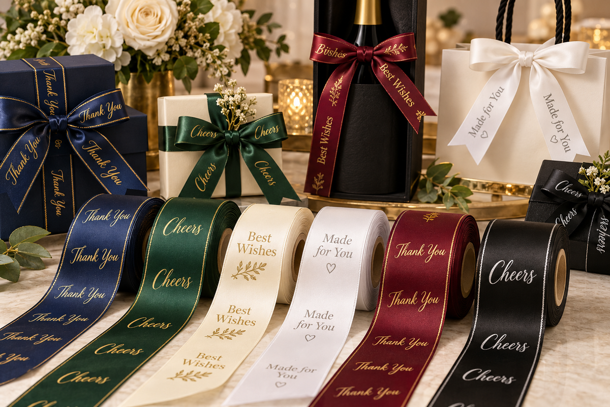 Special occasion custom satin ribbons for gift packaging, favors, anniversaries and business packaging with metallic print.