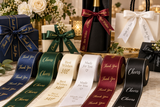 Special occasion custom satin ribbons for gift packaging, favors, anniversaries and business packaging with metallic print.