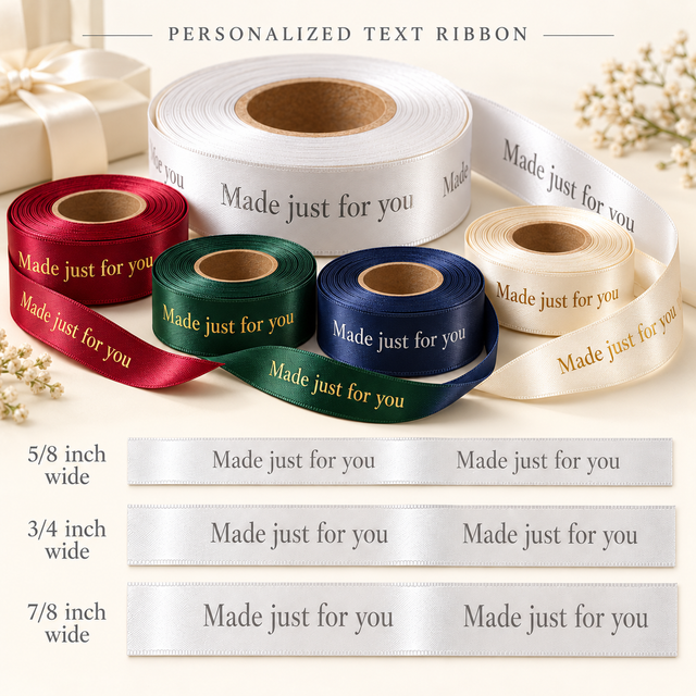Personalized satin ribbon in white, red, forest green, navy and ivory with gold and silver printing; illustrated 5/8, 3/4 and 7/8 inch widths.